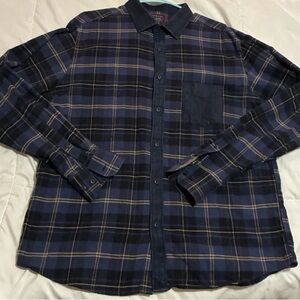 UNTUCKit Men’s Napon Cotton Flannel Shirt XL Blue Yellow Plaid Denim Collar
